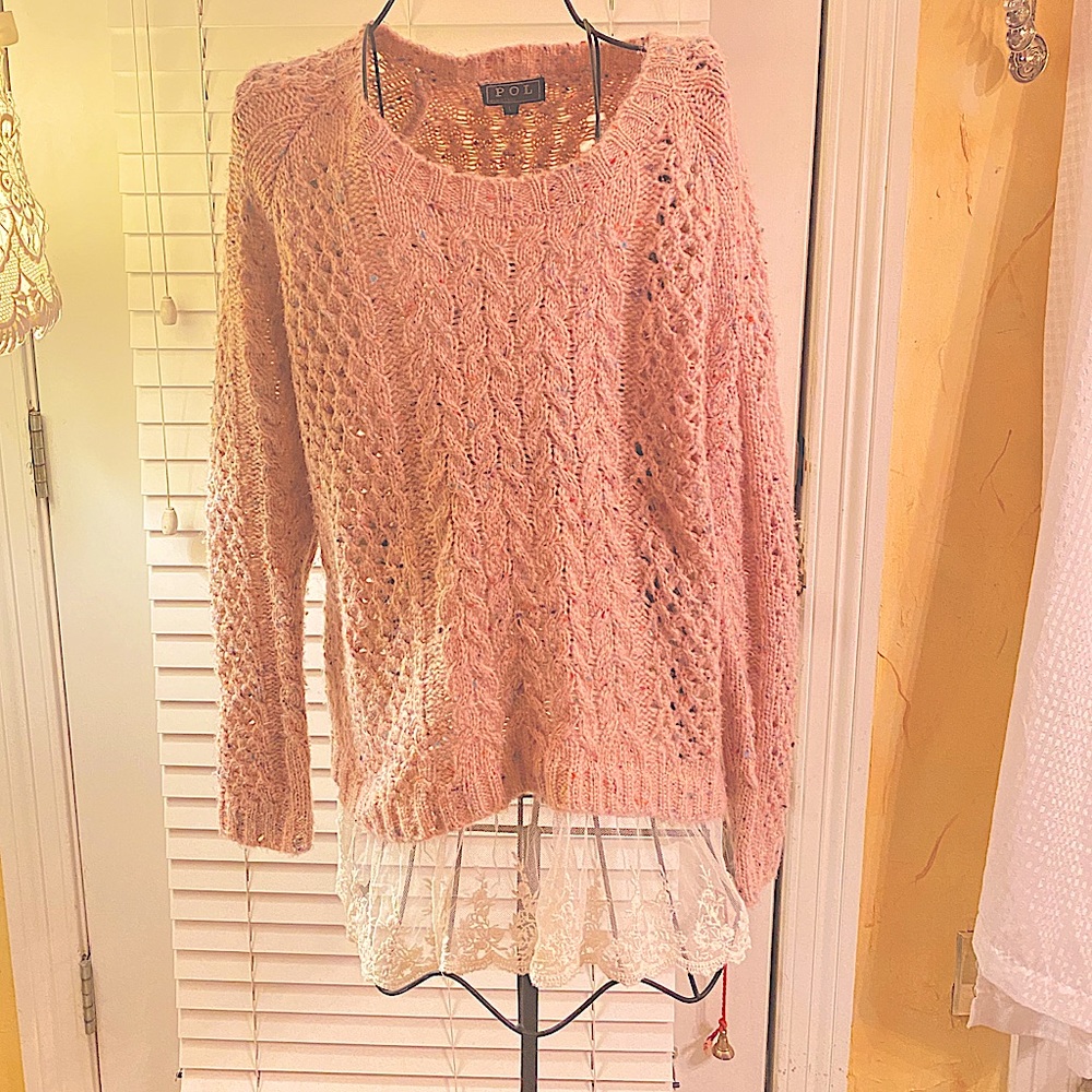 POL PINK Crochet Sweater with Lace/Mesh Trimmed green green red